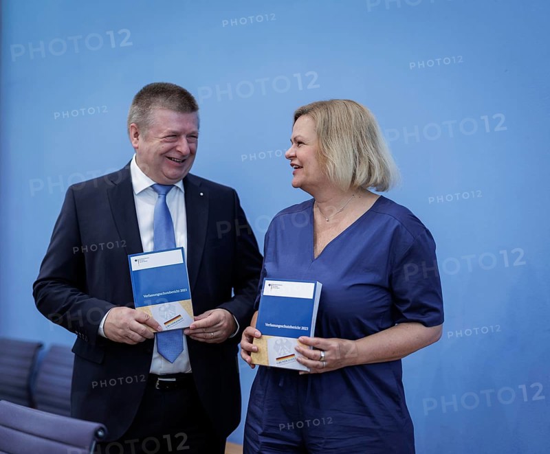 (L-R) Thomas Haldenwang, President of the Federal Office for the Protection of the Constitution, and Nancy Faeser, Federal Minister of the Interior and Home Affairs, recorded during the Federal Press Conference on the presentation of the 2023 Report on the Protection of the Constitution, in Berlin, 18 June 2024