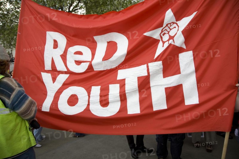 May Day march and rally at Trafalgar Square, London, England, UK May 1st, 2010 Red Youth banner