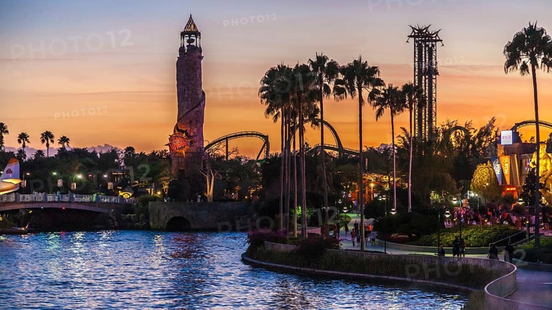 Tower indicates the entrance to Islands of Adventure at Universal Studios in Orlando, Florida, USA, North America