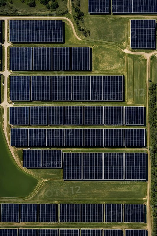 Complex layout of a photovoltaic power plant symmetrically arranged in rows of solar panels, AI generated