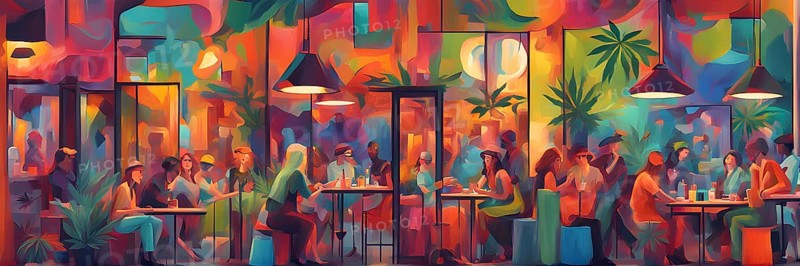 Abstract composition of a cannabis cafe with ambiance bold contrasting colors and playful shapes, AI generated