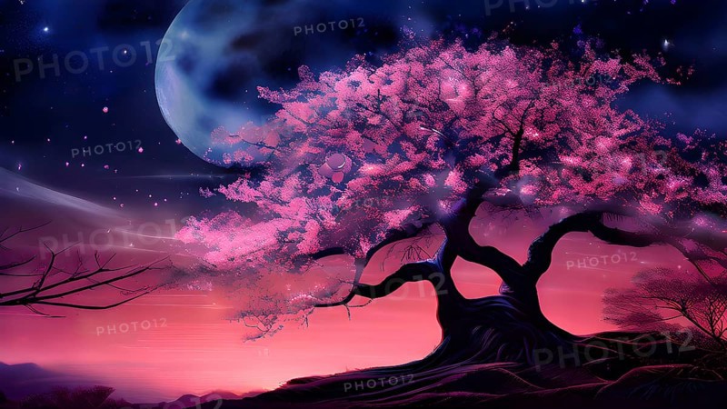 Sakura tree blossoming with pink petals and branches reaching towards a star studded night sky, AI generated
