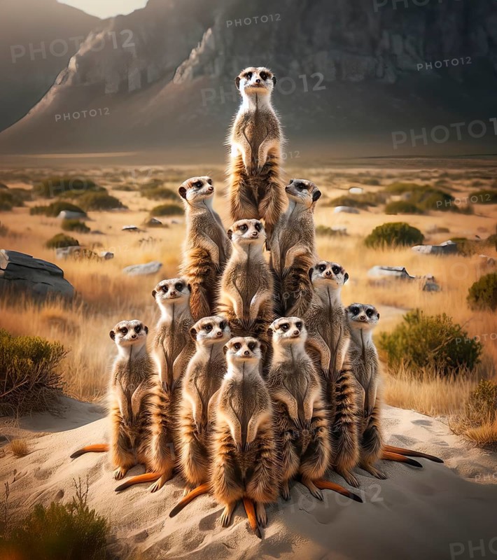 A group of meerkats forms a pyramid, AI generated, AI generated