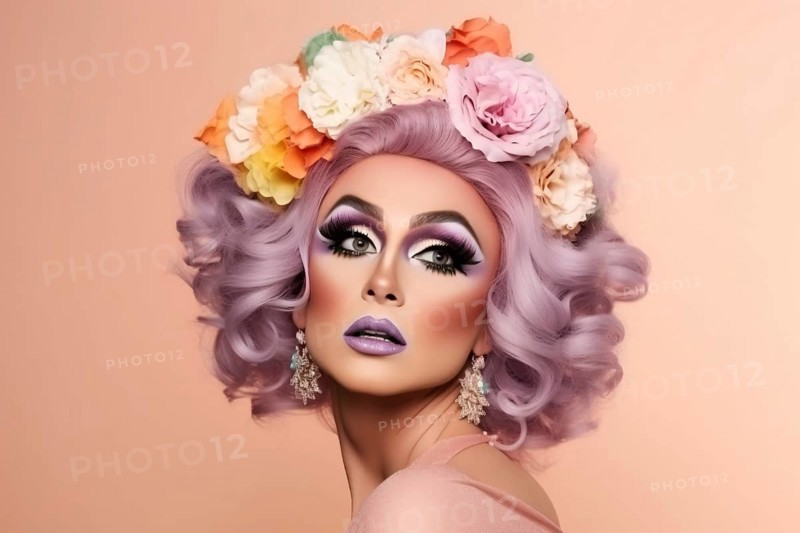 Drag queen with purple hair with flowers. KI generiert, generiert AI generated
