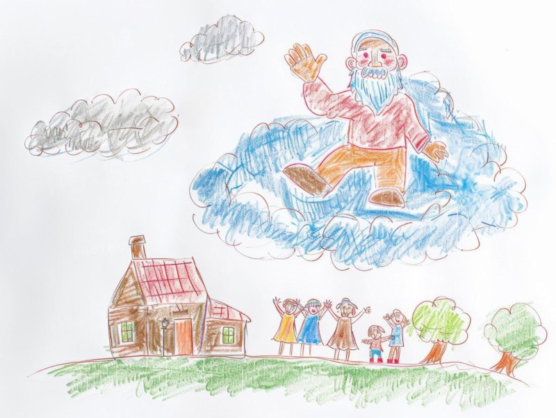 Grandpa, grandfather, has died and is waving down from the sky sitting on a cloud, drawing, coloured pencil drawing by a child of preschool age, primary school age, symbolic image for grief, coping with grief in children, loss, AI generated, AI generated, AI generated