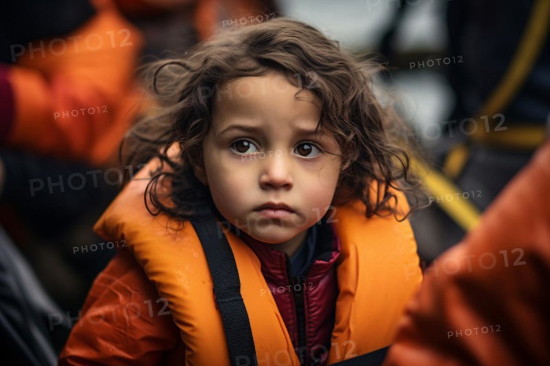 Yopung refugee child with safety swimming vest in boat full of people. KI generiert, generiert, AI generated