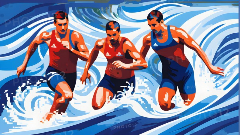 Abstract digital render of olympic swimmers morphing into fluid shapes in french tricolor blue red and white, AI generated, Paris, Paris, Olympic Games
