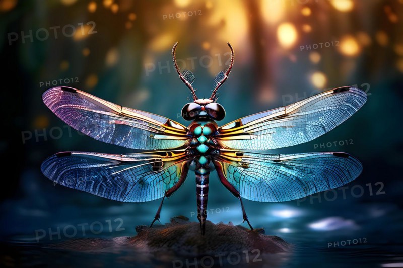 AI generated wildlife image of a dragon fly in a mystic lake enhanced with digital art