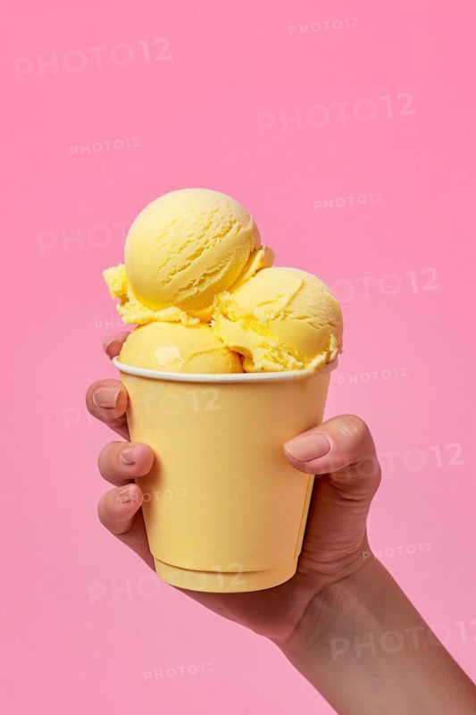 Hand holding yellow ice cream in cup. KI generiert, generiert, AI generated