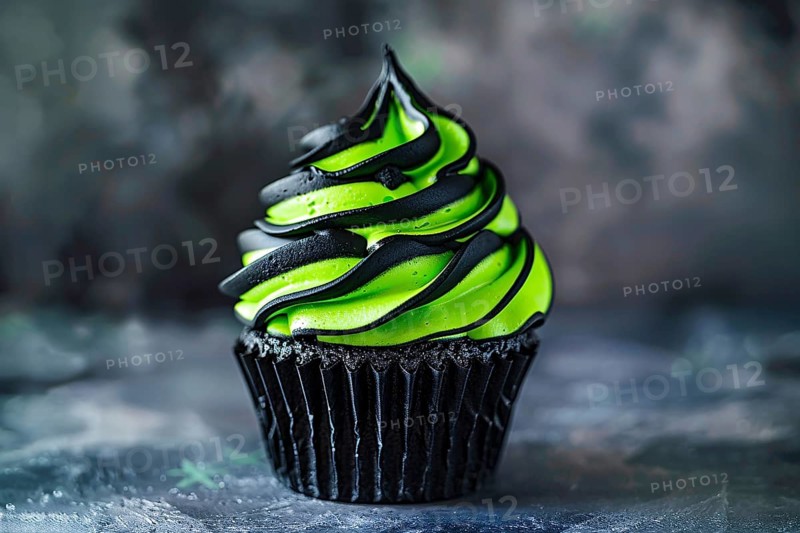 Halloween cupcake with bright neon green and black frosting. Generative Ai, AI generated