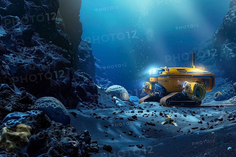 Deep sea exploration and mining in abyssal plains performed by AUV and autonomous drones, AI generated