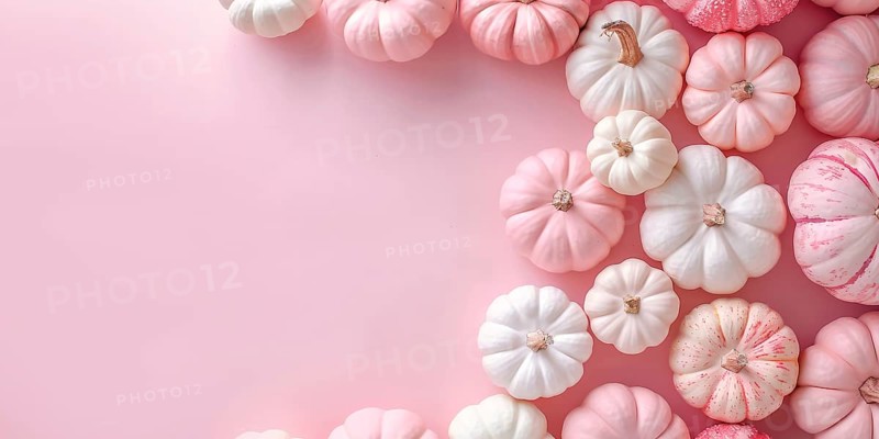Banner with pink and white pumpkins on side of pastel pink background with copy space. Generative Ai, AI generated