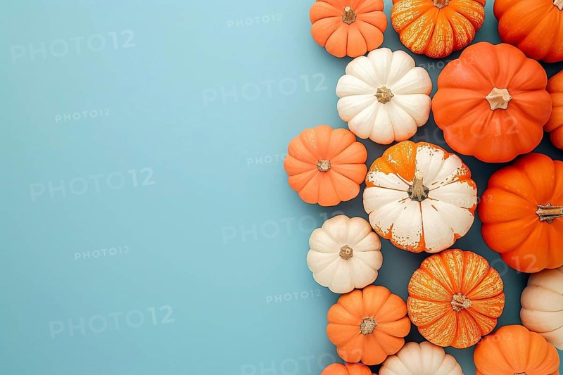 Top view of range and white pumpkins on pastel blue background with copy space. Generative Ai, AI generated