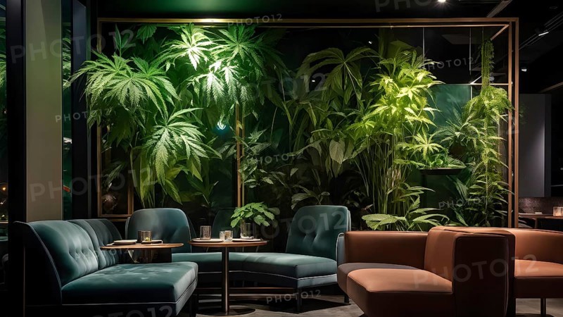 Stylish empty cannabis cafe interior in cozy modern design, AI generated