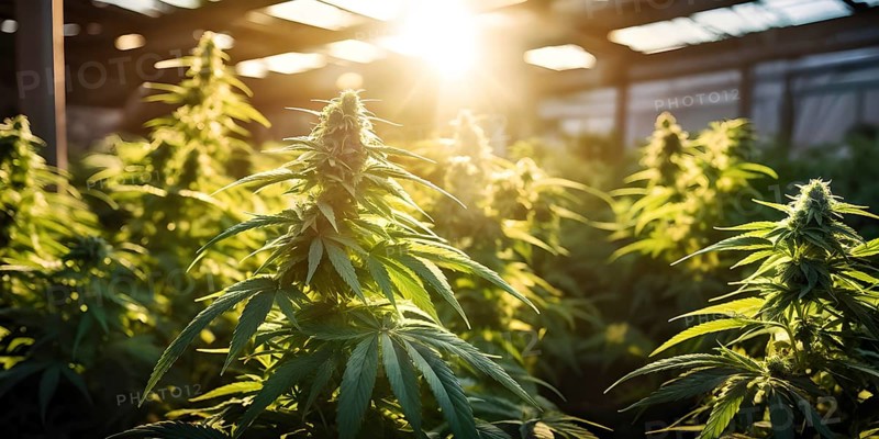 Cannabis plant with vibrant green leaves bathed in soft natural light, AI generated