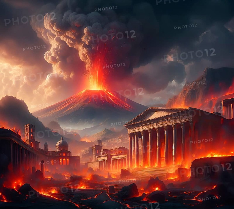 Pompeii during the eruption of the volcano Vesuvius in 79 AD, lava pours into the ancient city, AI generated, AI generated