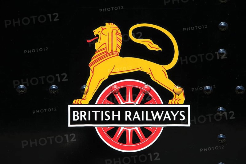British Railways logo, North Norfolk heritage steam railway line, England, UK British Railways logo