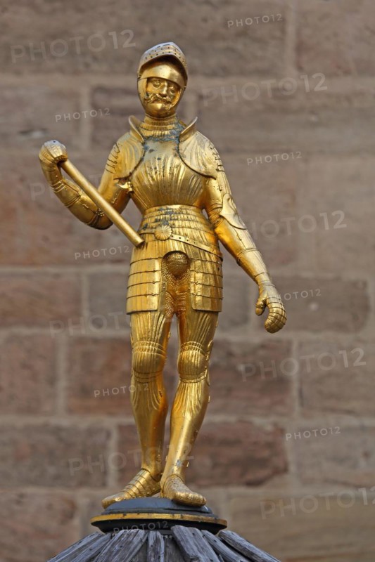 Monument with golden sculpture to Margrave George the Pious, knight, armour, Margrave George Fountain, Martin-Luther-Platz, Ansbach, Middle Franconia, Franconia, Bavaria, Germany, Europe