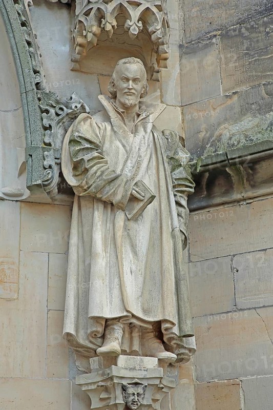 Sculpture and monument of Philipp Melanchthon at the portal of St Margaret's Church, Neumarkt, Gotha, Thuringia, Germany, Europe