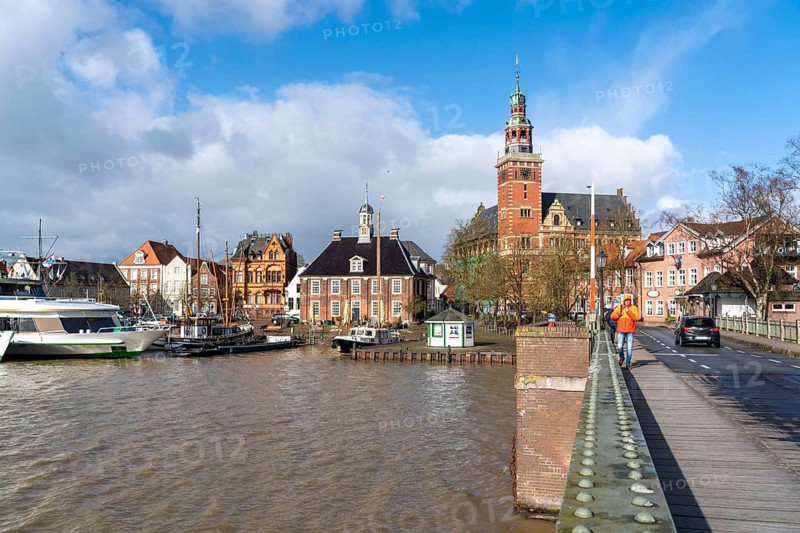 Skyline of the old town, on the Leda, town hall, museum harbour, old town houses, Leer, East Frisia, Lower Saxony