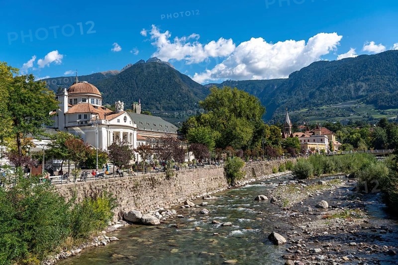 Spa hotel on the Passer promenade, city view, skyline of Merano, river Passer, Passer promenade, South Tyrol, Italy, Europe