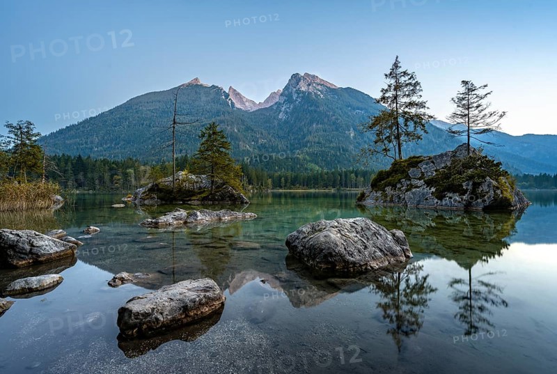 Hochkalter reflected in Hintersee, at sunset, Berchtesgaden National Park, Ramsau, Upper Bavaria, Bavaria, Germany, Europe