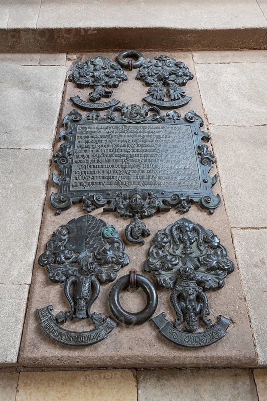 This stone slab with bronze fittings (1609) in front of the high altar closes the old entrance to the crypt of the patrician Rieter family, St Mary's Church, Kalbensteinberg, Middle Franconia, Bavaria, Germany, Europe