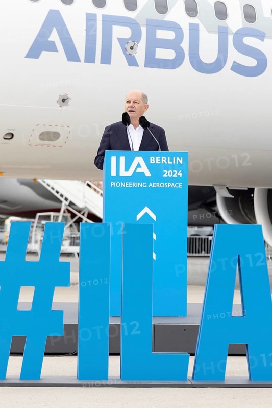 Olaf Scholz (Federal Chancellor, SPD) gives a speech at the opening tour of the International Aerospace Exhibition at the Berlin ExpoCenter Airport, Berlin, 05/06/2024