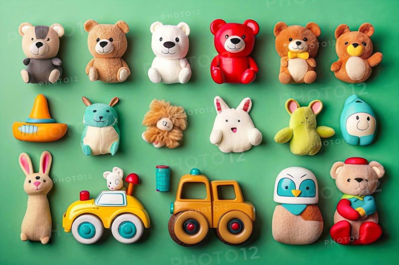 Flat lay of fun children toys for kindergarten with lots of copy space, AI generated