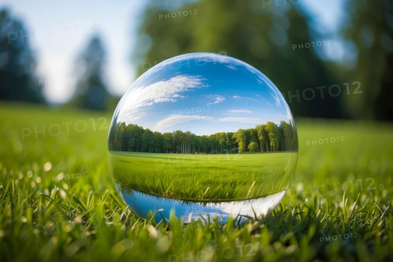 Glass sphere with forest reflected in it as an earth conservation concept, AI generated