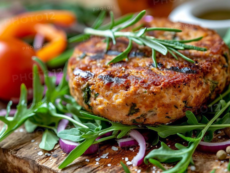 Fresh tasty organic healthy plant-based beef patties with onion, cheese and vegetables, AI generated