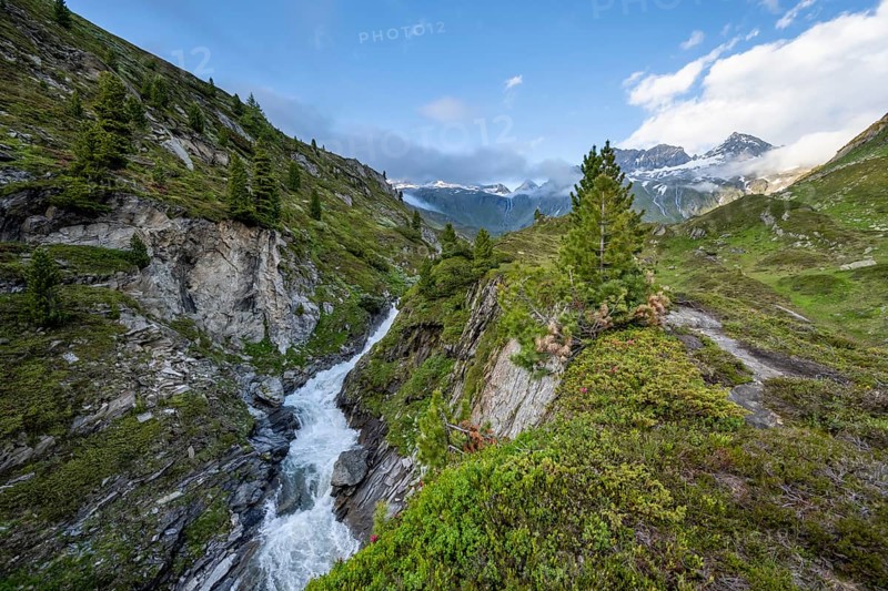 Mountain landscape with mountain stream Zemmbach, behind mountain peak Kleiner Mörcher, Berliner Höhenweg, Zillertal Alps, Tyrol, Austria, Europe