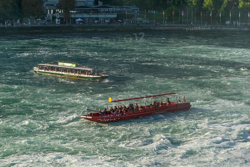 Rhine Falls seen from Schloss Laufen, tourist boats, Restaurant Schlössli Wörth, rapids, Canton Zurich, on Neuhausen, Switzerland, Europe