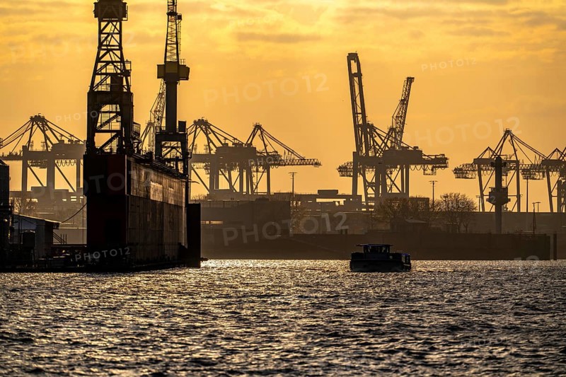 Port of Hamburg, view of the Blohm + Voss shipyard, evening, cranes of the container terminals, harbour tour boat, Hamburg Germany