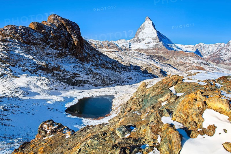 Matterhorn and mountain lake, Valais, Switzerland, Europe