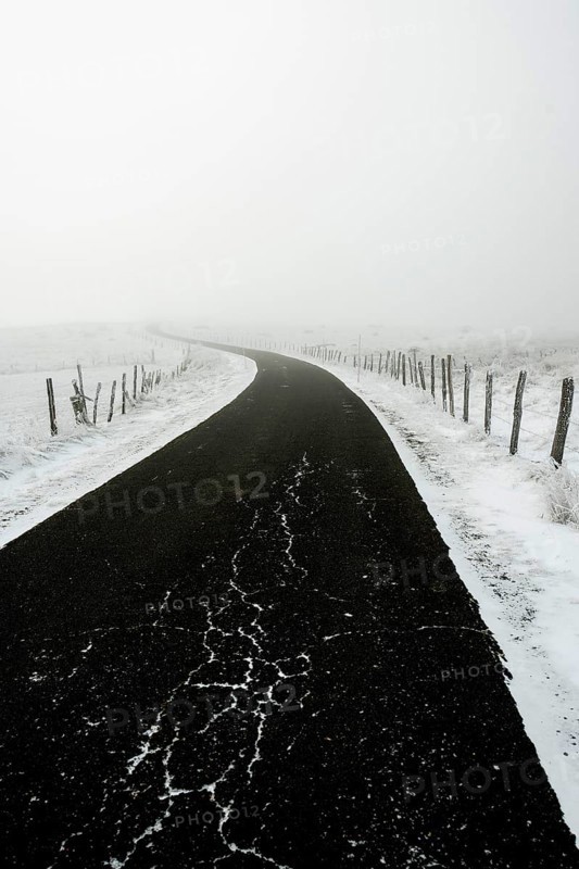 Aubrac plateau. Clear road in winter. Lozere department. Occitanie.France