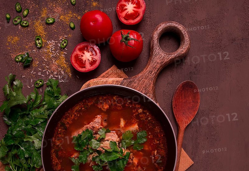 Kharcho soup, traditional Georgian dish, spicy soup, red, homemade, no people