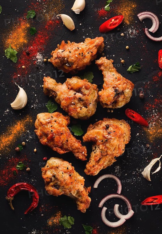 Fried chicken legs, breaded, with spices and herbs, on a dark background, vertical, no people, selective focus, toned