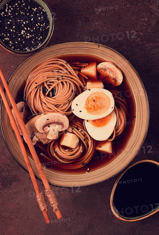 Asian soba soup, with mushrooms and egg, cheese, sesame seeds, homemade, no people