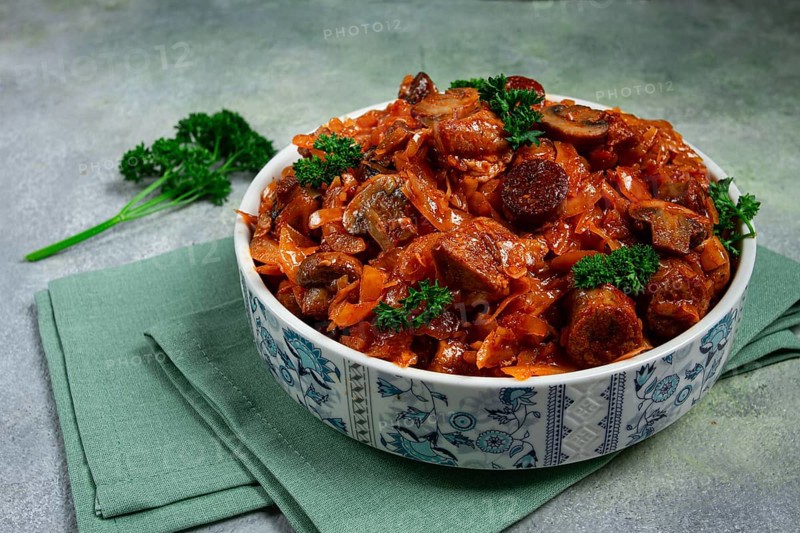 Bigos, bigus is a national Polish dish, made of cabbage and meat, stewed, homemade, no people