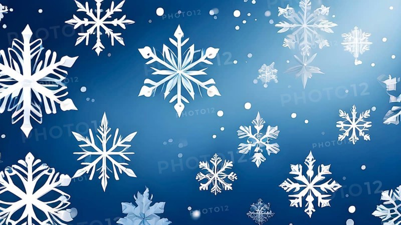 Abstract pattern of snowflakes in varying sizes and shapes in soft white and blue gradients, AI generated