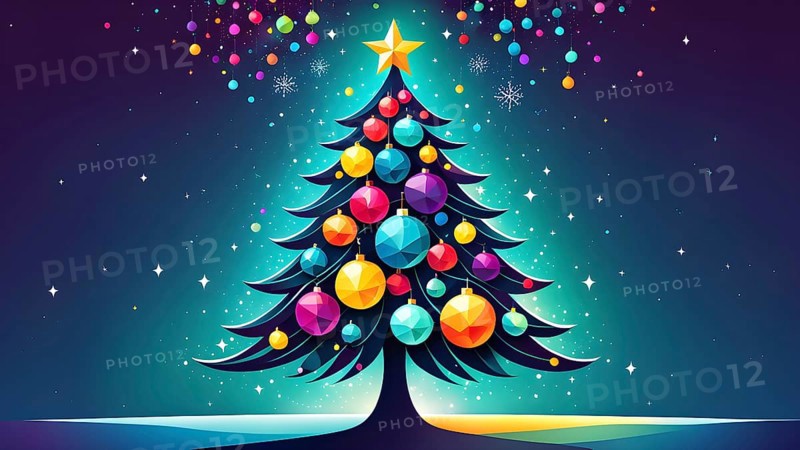 Abstract Christmas tree illustration with vibrant colors and geometric shapes, AI generated