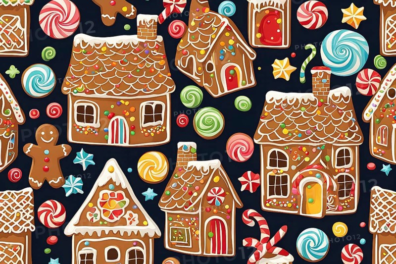 Abstract wallpaper illustration of of gingerbread house decoration, AI generated