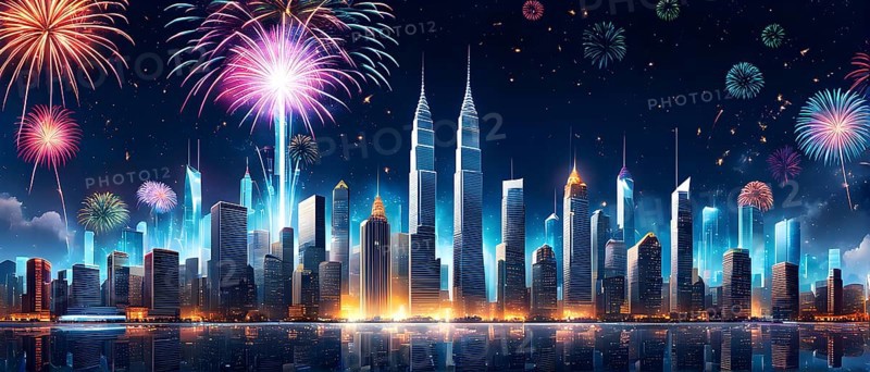 Wallpaper illustration of a cityscape on New Year's Eve, with glowing skyscrapers and floating holographic fireworks, blending a sense of festive atmosphere, AI generated