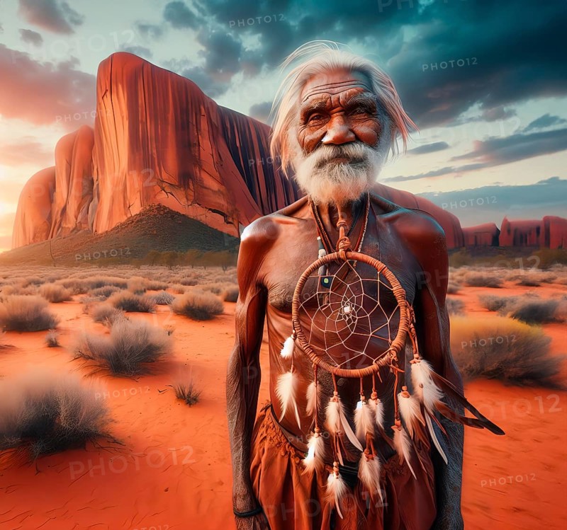 An old Aboriginal man in the desert in front of Ayers Rock, Uluru, portrait, AI generated, AI generated