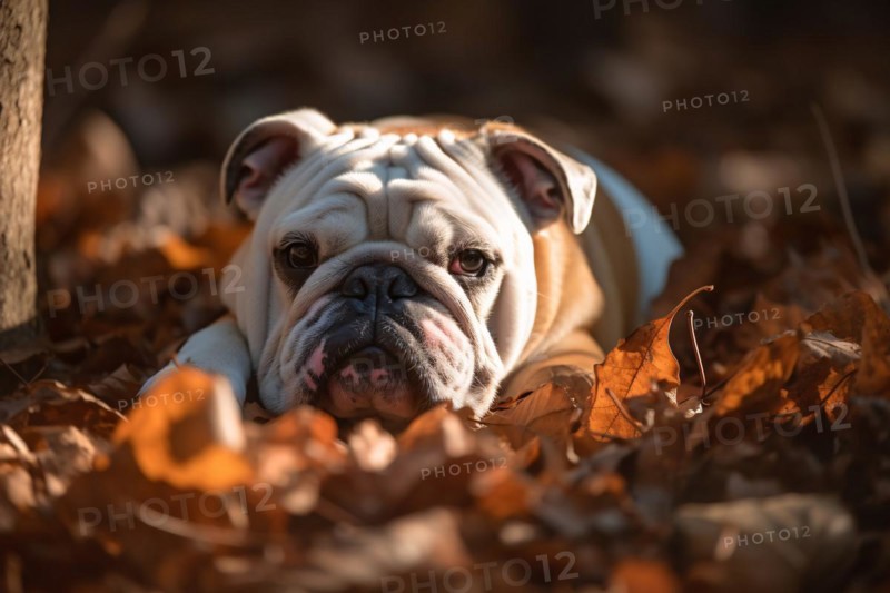 English Bulldog dog in colorful autumn leaves. KI generiert, generiert, AI generated