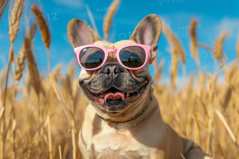 Cute and happy French Bulldog dog wearing pink sunglasses in summer in front of grain field and blue sky on a hot day. KI generiert, generiert, AI generated