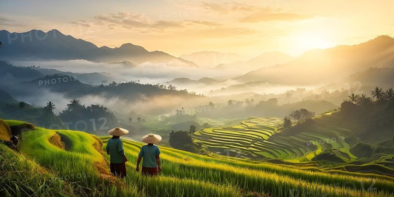 Early morning light bathes Philippines rice terraces cascading down mountain slopes, AI generated