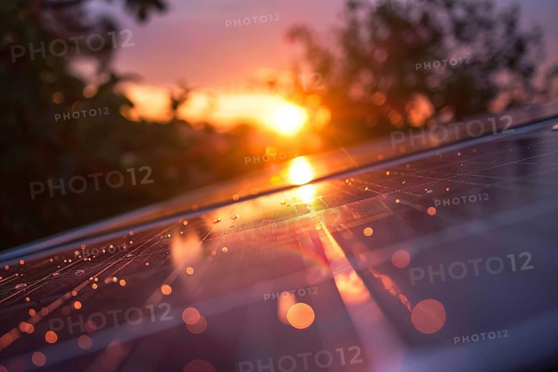 Close up of solar energy panels win sunset sun in background. Generative Ai, AI generated