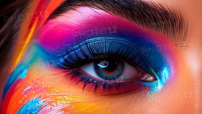 Close up of eye featuring vibrant colored eyelids with intense eye shadow, AI generated